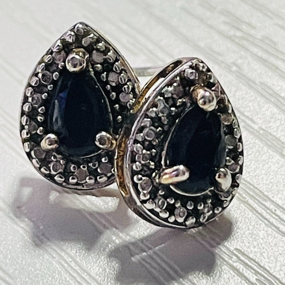 VINTAGE Sterling Silver Pear Blue Stone Stud Earrings S925 Halo Setting